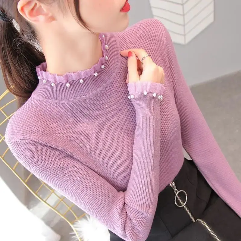 

Кружевной свитер, новый стиль, с высоким воротником, осень-зима, стильный облегающий вязаный базовый свитер с бусинами для ногтей, женский топ