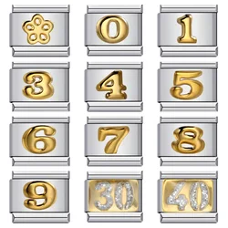 GEMOSA Gold Color 0-9 Figure Number Italian Links Charm Fit 9mm Stainless Steel Women Men Bracelet Fashion DIY Making Jewelry
