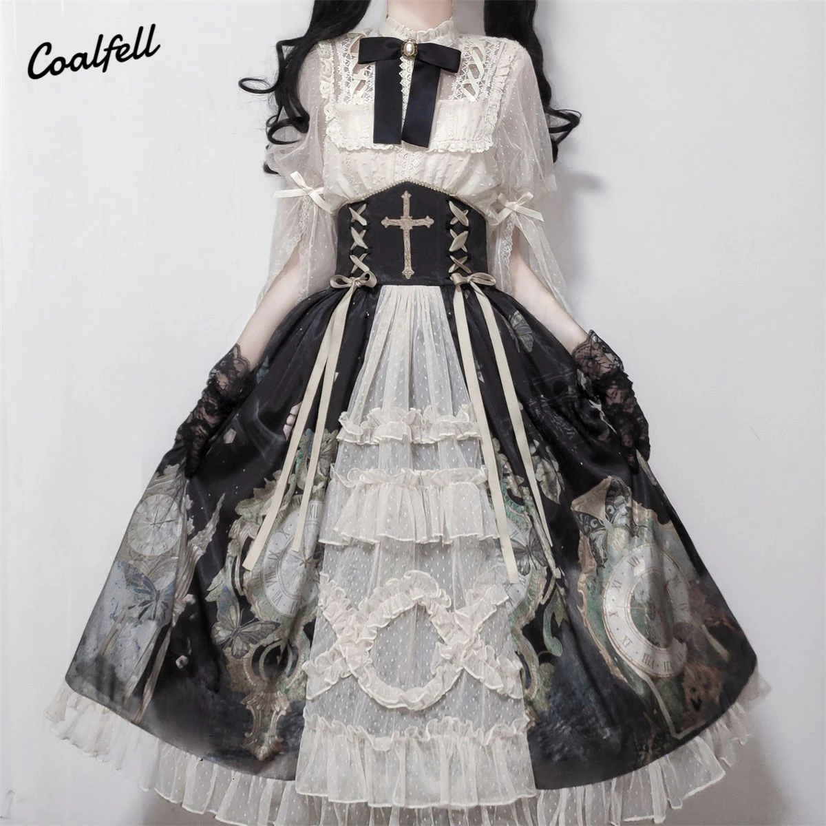 Coalfell Original design borboleta relógio camisa + meia saia lolita lolita saia diária elegante do vintage