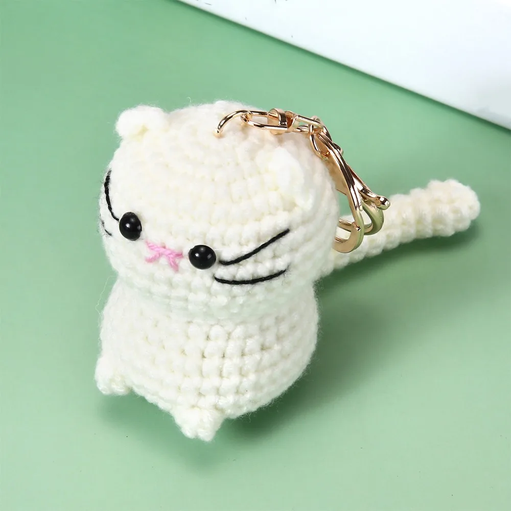 Cartoon Crochet Cat Keychain Multi-color Handmade Knitted Animal Key Ring with Metal Clasp Soft Yarn Cat Plush Keychain