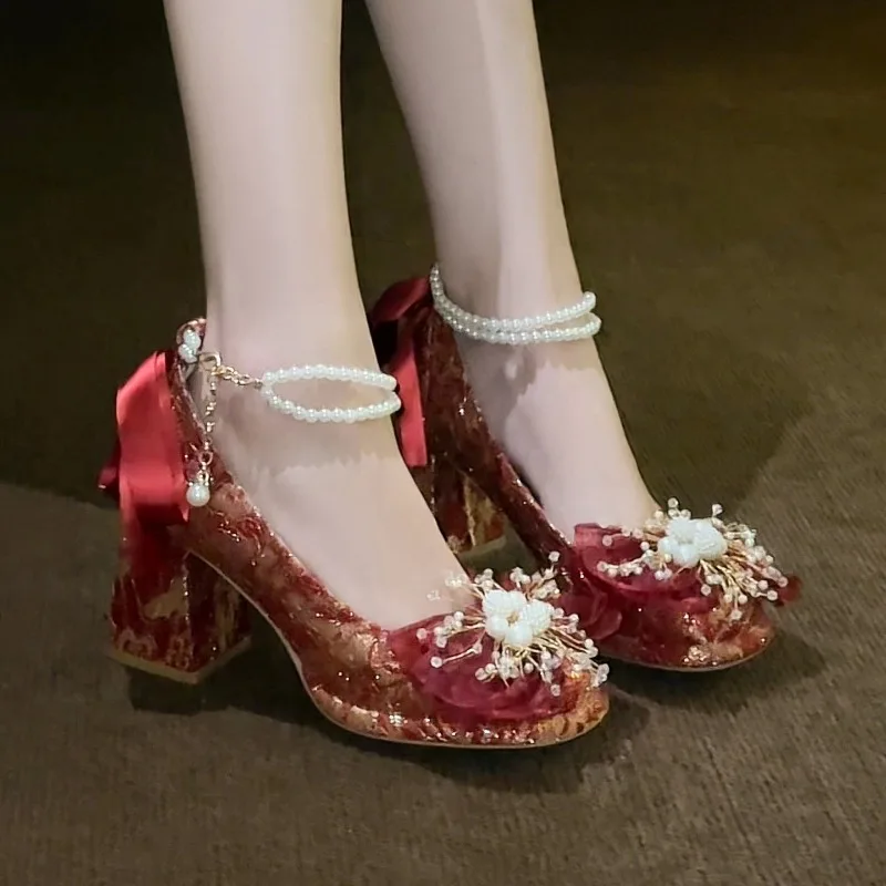 Spring and Autumn Women's Fashionable Festive High Heel Singles 2026 New Women Pearl Bow Embellishment Comfortable Low Top Shoes