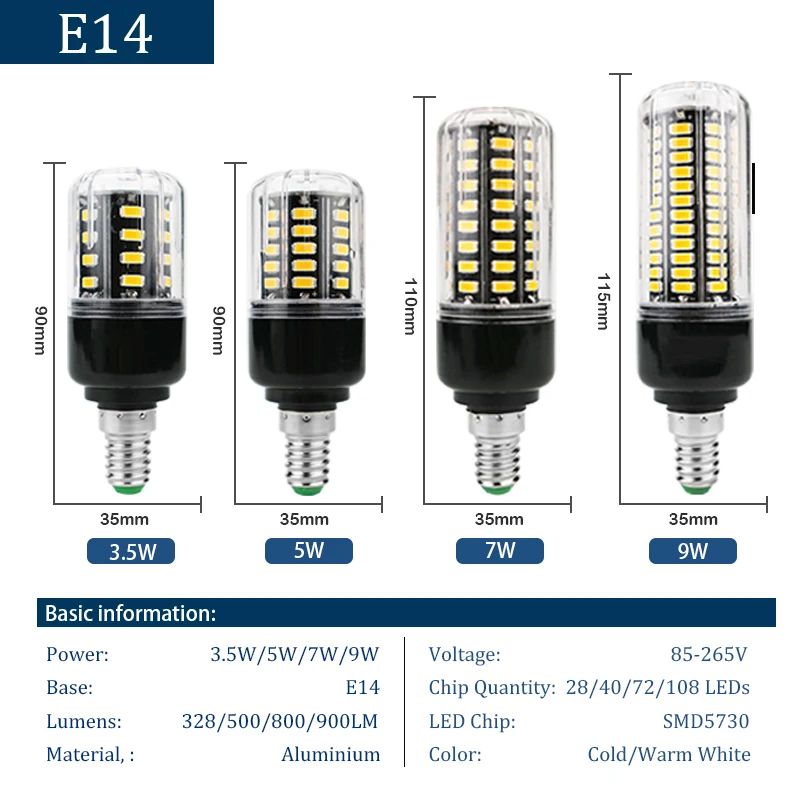 LED Bulb E27 E14 3.5W 5W 7W 9W 12W 15W Light Bulb AC85V-265V Corn Lamp Cold Warm White High Brightness Lampada Led Bombillas