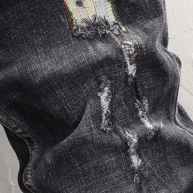 Newly Designer Fashion Men Jeans High Quality Retro Black Gray Stretch Slim Fit Ripped Jeans Men Vintage Casual Denim Pants