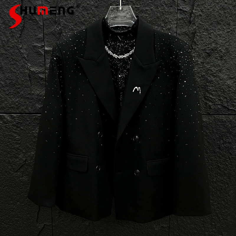 

2025 New High-End Rhinestone Chic Suit Jackets Men's Stylish Blazers Trendy Loose Shoulder Padded Double-Breasted Tailored Coats