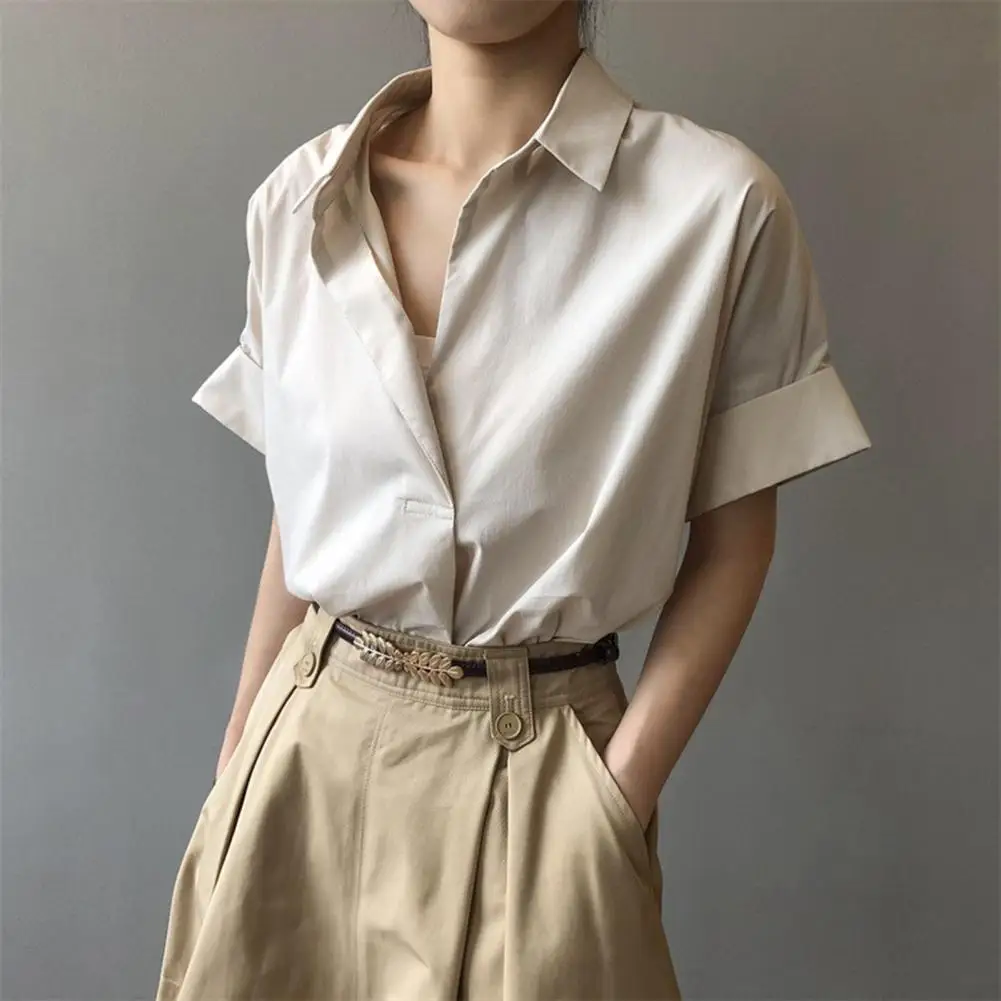 

Women Summer Shirt Lapel Short Sleeve OL Elegant Shirts Solid Color Pullover Tops Loose Fit Thin Office Lady Shirt Workwear