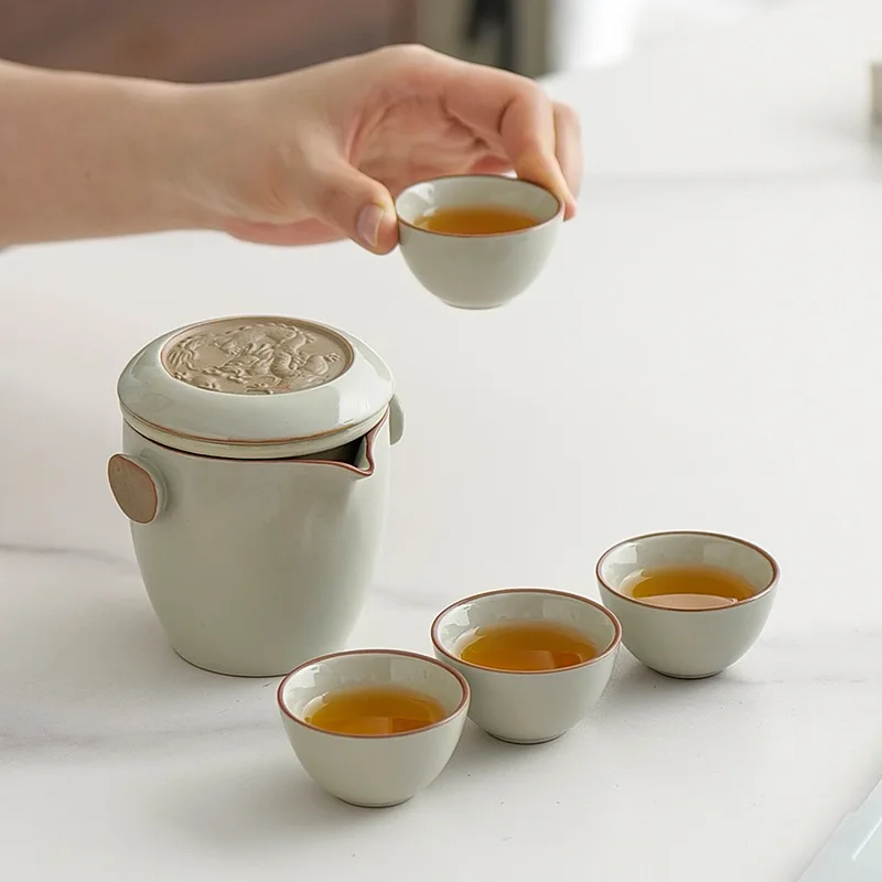 

Ru Kiln Дорожный чайный сервиз Портативная чайная посуда для кунг-фу Быстрая чайная чашка для одного человека на открытом воздухе