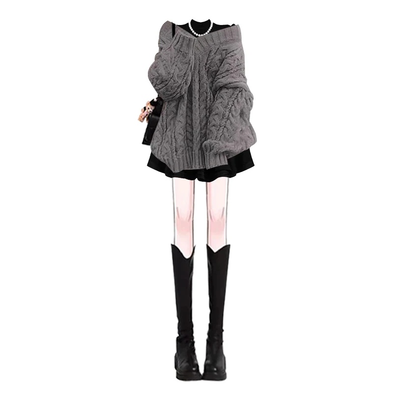 Sweater Rajut Vintage Musim Gugur Dan Setelan Dr Pelangsing Model Twist Shoulder Lengan Panjang Modis Kasual untuk Wanita