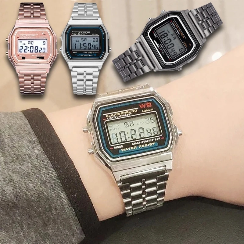 Luxury F91W Military Stainless Steel Band Watch Waterproof Retro Digital Sports Watches Men Women Electronic Wrist Watch Clock