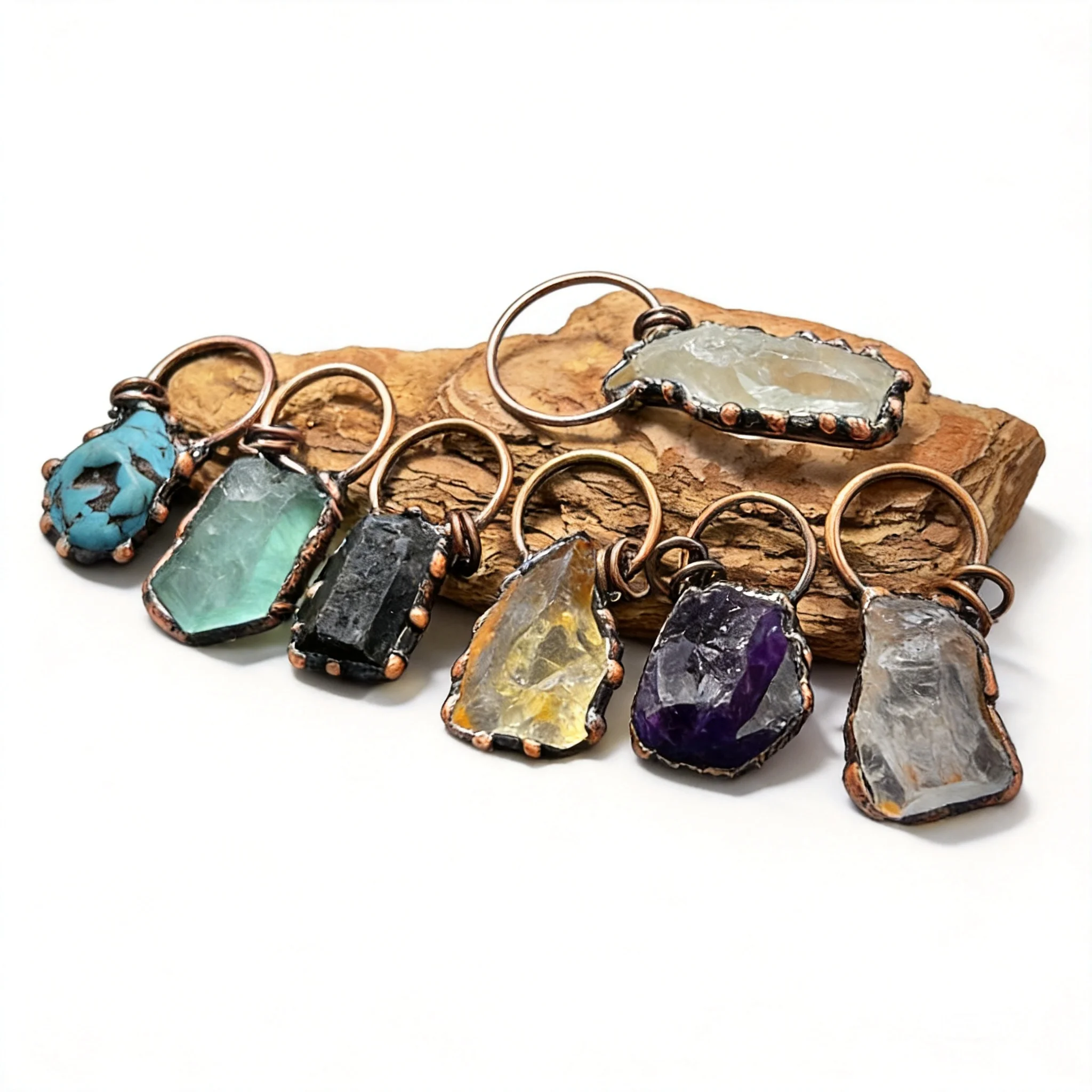 Chinese Style Good Fortune Lucky Vintage Raw Amethyst Citrine Fluorite Black Tourmaline Clear Quartz Turquoise Antique Copper