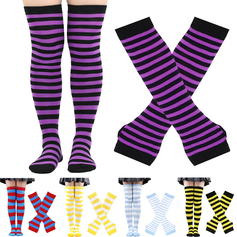 

1 Set Women Girls Over Knee Long Stripe Printed Thigh High Cotton Socks Arm Sleeve Gloves Y2K Style Plus Size Overknee Socks