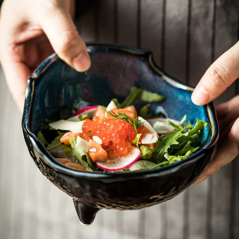 Japanese Style Tall Stem Irregular Ceramic Bowl Special Salad Fruit Dessert Appetizer Bowl Unique Japanese Cuisine Tableware