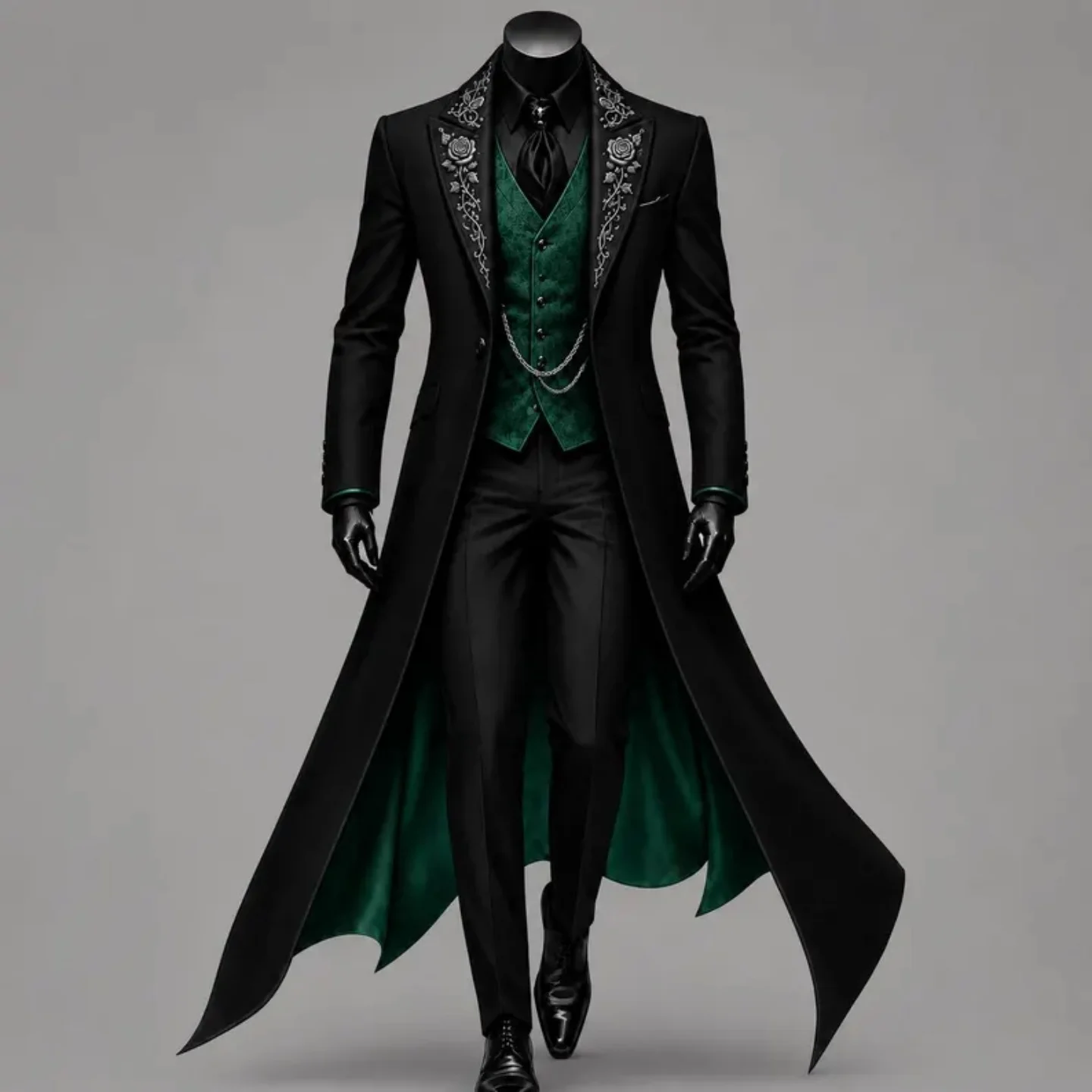 Men 3 Pcs Gothic Long Tail Coat Suit Black Jacket Silver Embroidery Lapel Vest Pants Formal Banquet Wedding Cosplay Customized
