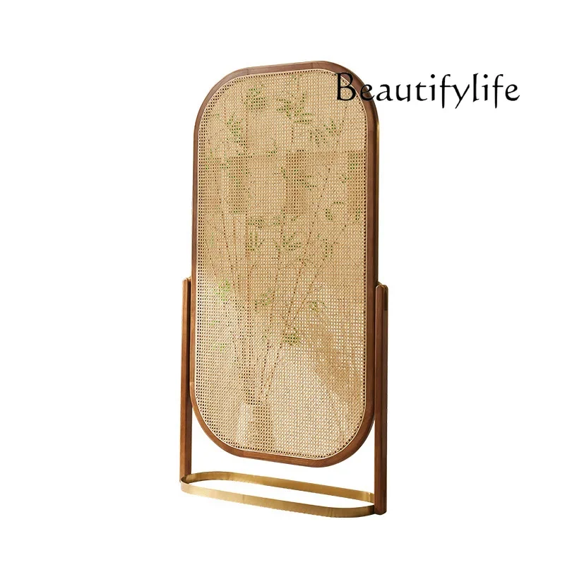 

Nordic medieval rattan screen movable simple solid wood shelf seat screen
