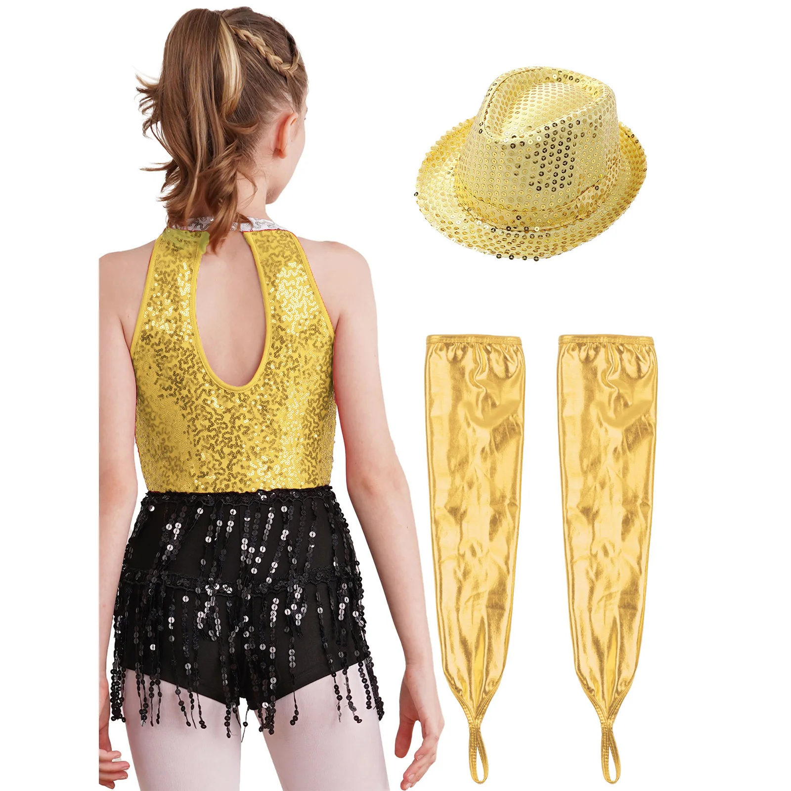 Kids Girls Jazz Latin Dance Leotard Dress Sleeveless Sequin Tassel Bodysuit with Gloves Hat Cha-cha Samba Rumba Tango Costume