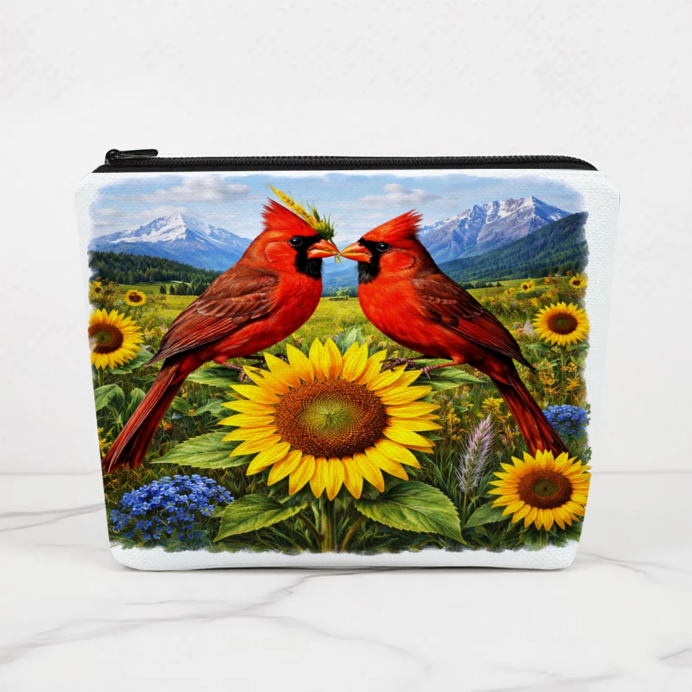 Cardinals Sunflowers Mountains Sky Greenery Makeup Bags for Girls Cosmetic Pouch Toiletry Bag Pencil Case Travel Storage