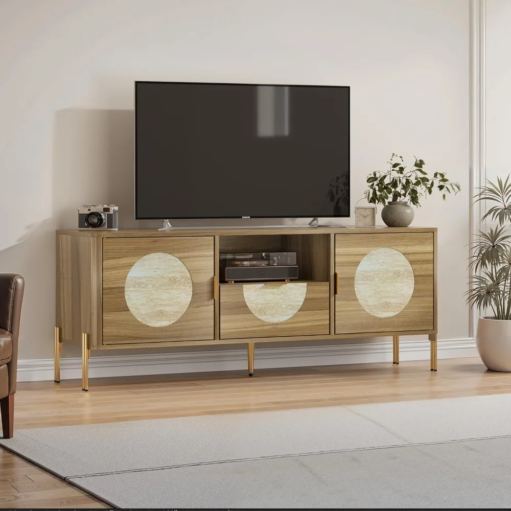 

55-inch TV Stand for TVs up to 65 Inches, Entertainment Center with Curved Edge, Wooden TV Media Console 2 Storage Cabinet