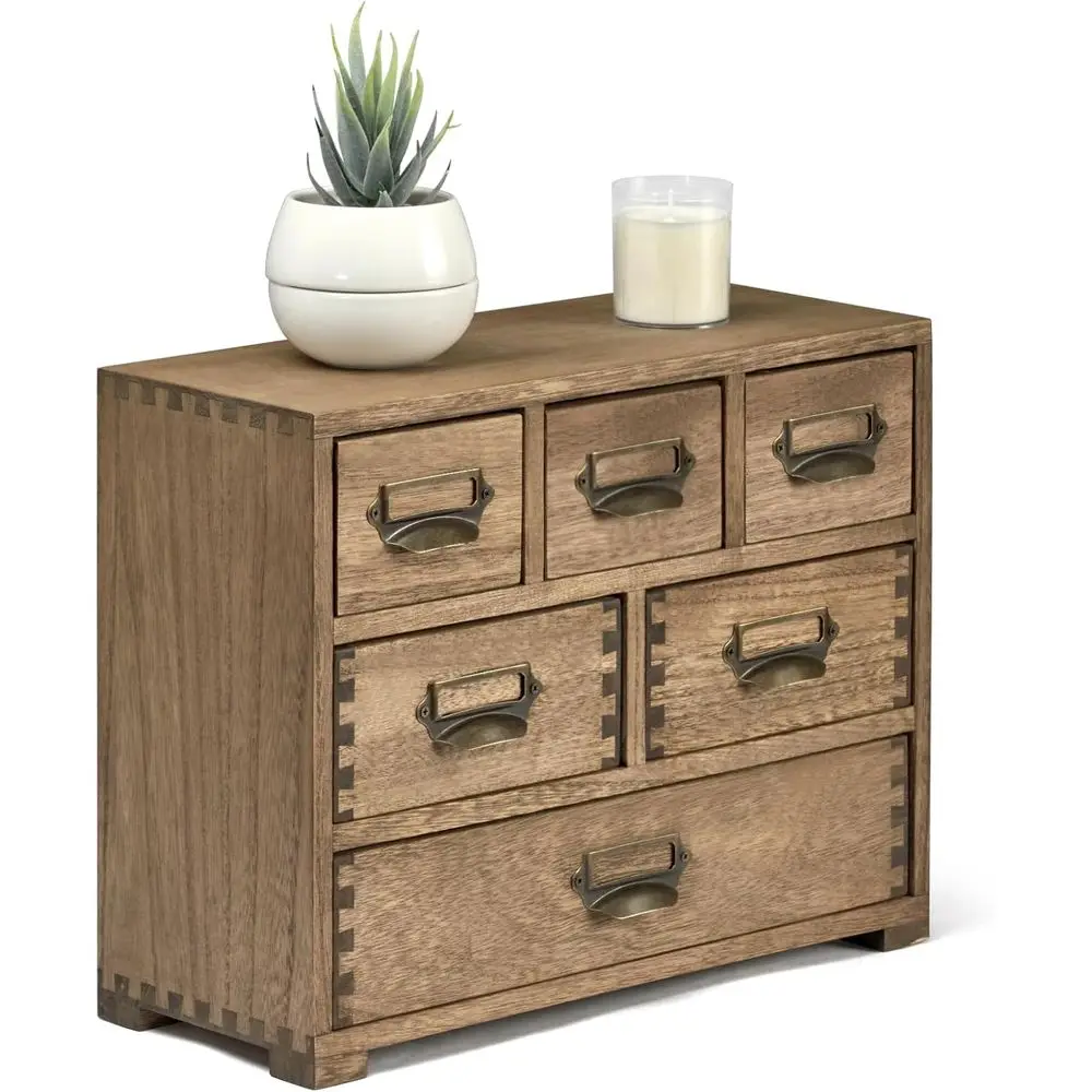 

Деревянный настольный органайзер, домашний шкаф для хранения, мини-комод на 6 ящиков с держателями для этикеток и ручками для организации пространства в спальне, дома и офисе