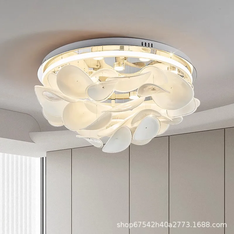 

Light French cream style petal glass ceiling lamp, bedroom simple modern living room lamp, white art hall