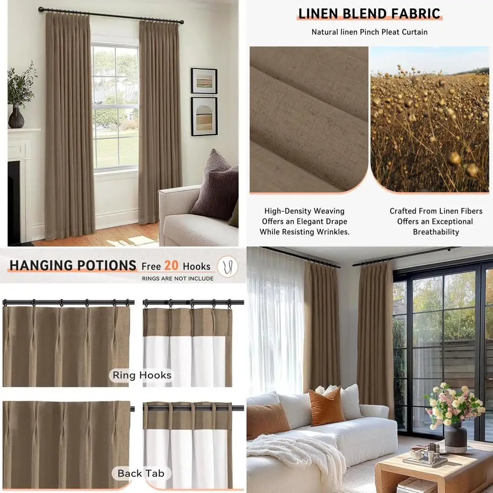 

Linen Brown Pinch Pleat Blackout Curtains, 108 Length, 2-Panel Set, 40 Wide for Bedrooms & Living Rooms