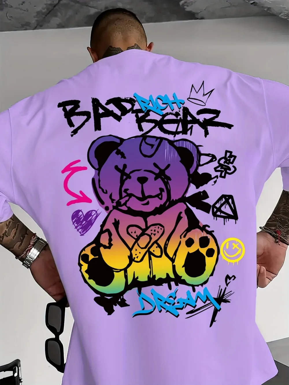 American men's summer gradient teddy bear letter graffiti print micro elastic breathable round neck T-shirt outdoor street top