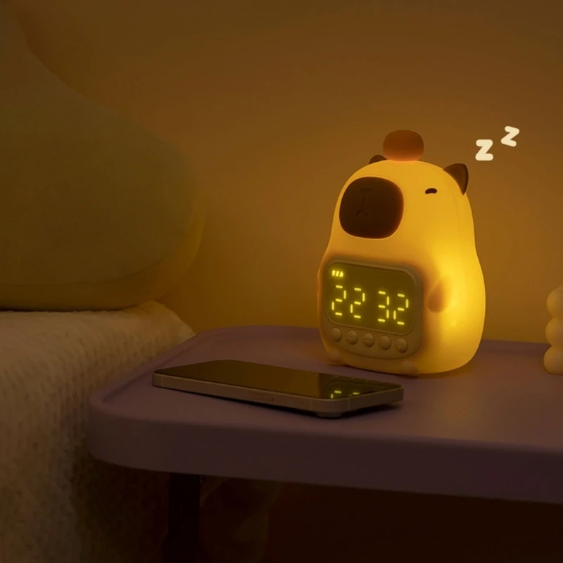 Capybara Night Light with Alarm Clock 1500mAh USB Rechargeable Snooze Function Soft Lighting for Kids Room Decors