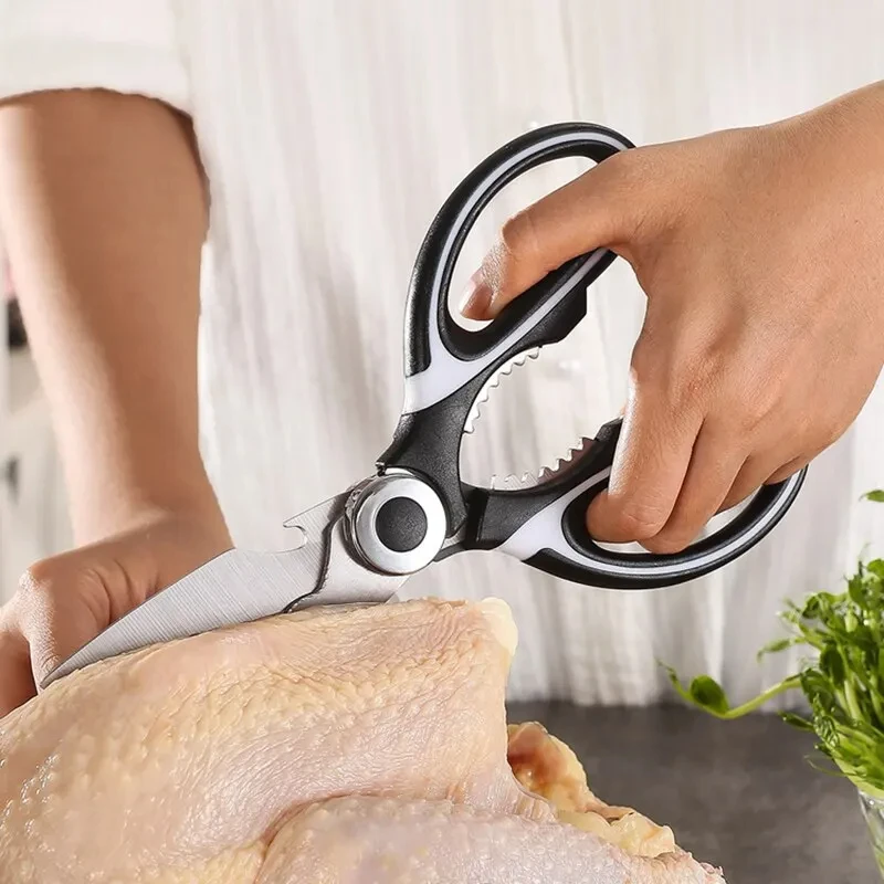 1Pc Stainless Steel Kitchen Scissors Multifunctional Household Chicken Bone Scissors With Lid Can Be Opened To Clip Walnuts