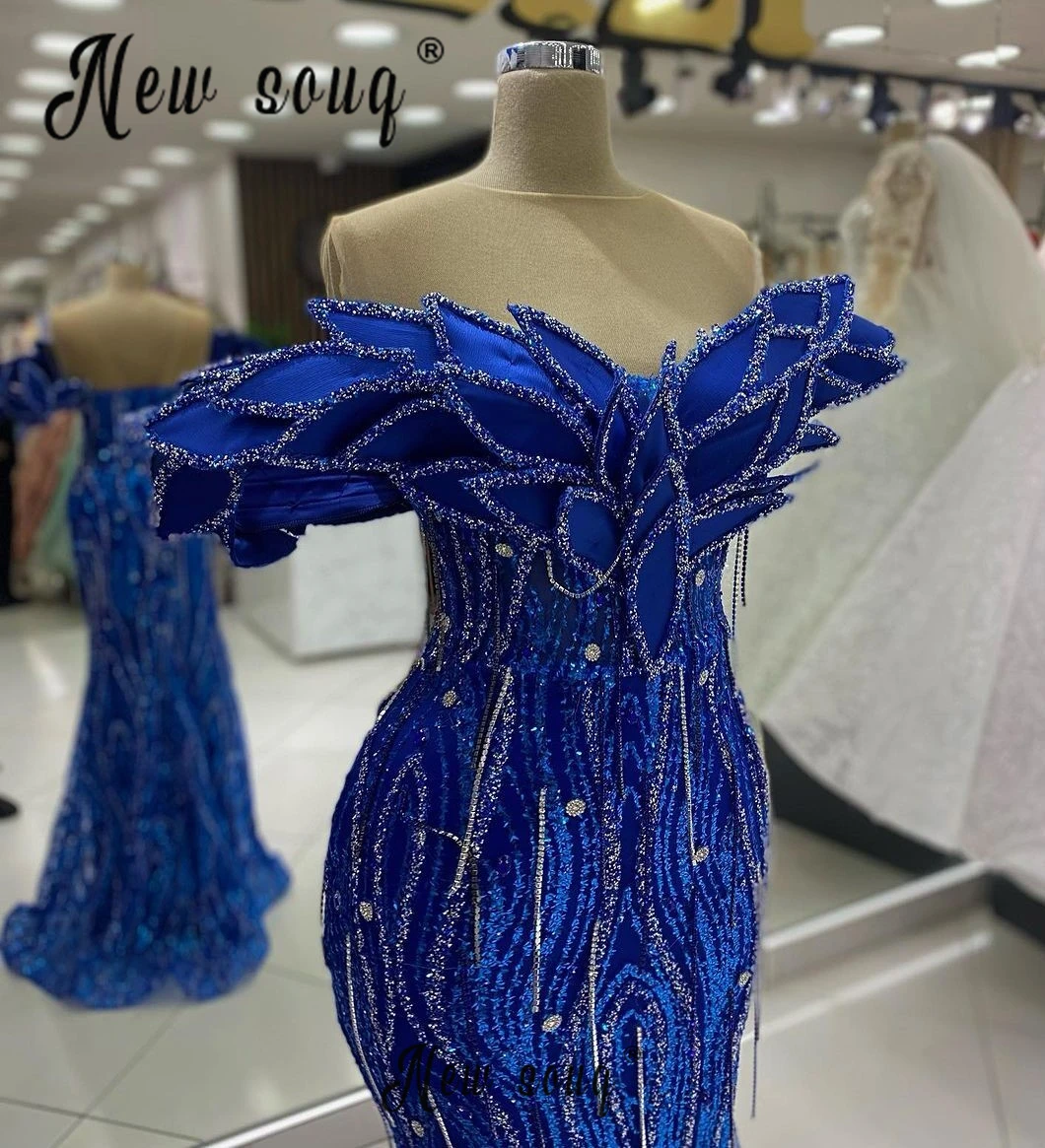 Royal Blue Evening Dresses Elegant 2024 Arabic Off Shoulder 3D Flowers Prom Gowns For Wedding Party Beading Luxury Formal Robes