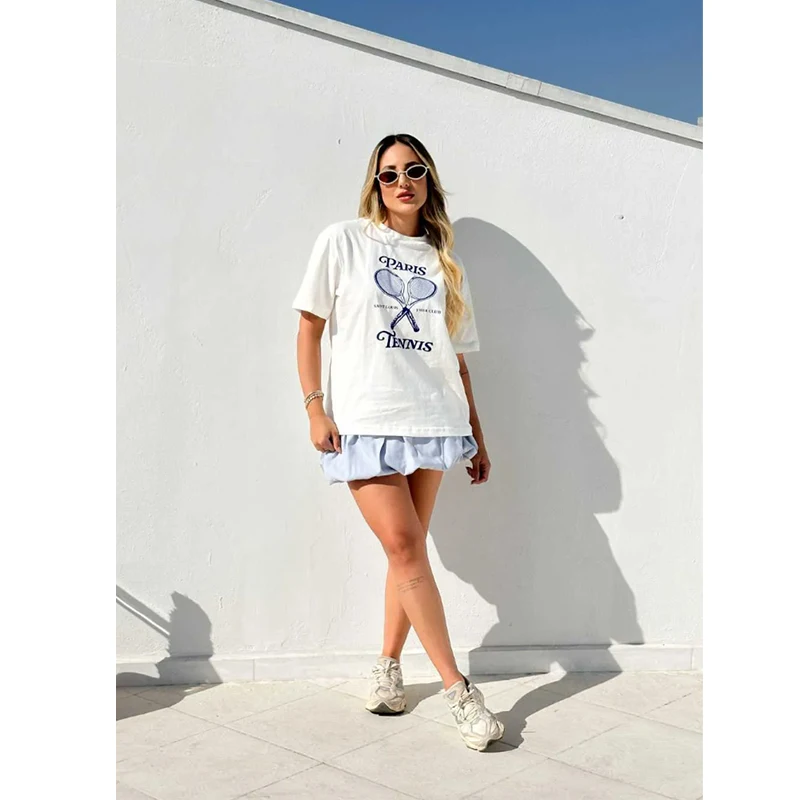 Retro Amerykański Sportowy Slogan Tenisowy Luźny Krój Damska Koszulka z Czystej Bawełny Okrągły Dekolt Letni Top