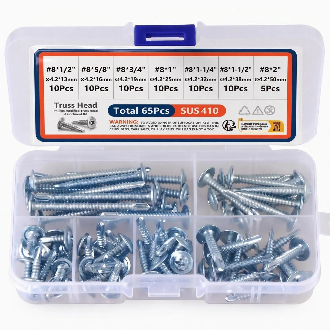 65pcs #8 Modified Truss Head Sheet Metal Screws Kit High Strength 410 Stainless Steel Self Tapping Screws for Metal Assortment