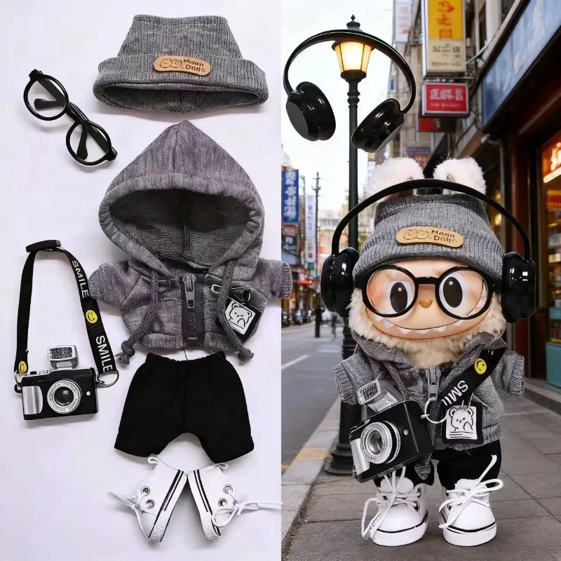 

Labubu and 10cm cotton doll Casual zipper jacket sweater threaded hat pants shoes Set