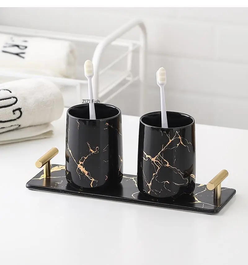 Golden Marble Ceramic Bathroom Decoration Accessories Soap Dispenser Toothbrush Holder Dish Aromatherapy Bottle