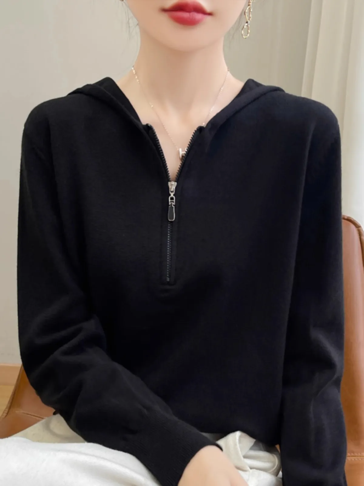 

Fall New Loose Casual Hooded Long Sleeve Women's Sweater Fashionable Versatile Half Zip Slimming Top Knitted Wear to Work