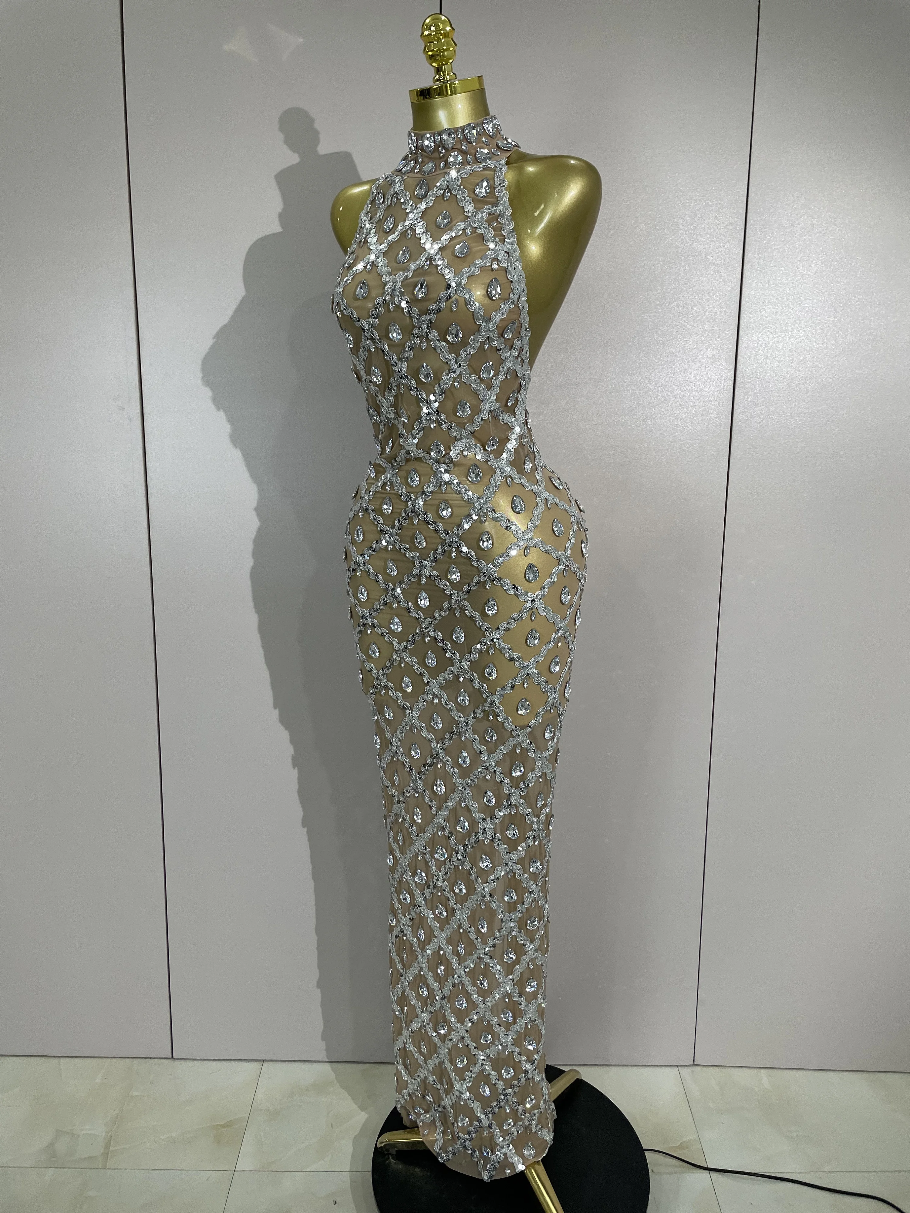 الأسهم الفاخرة سباركلي الماس الترتر شبكة شير فستان طويل المرأة احتفال مساء حفلة عيد ميلاد مثير ملهى ليلي المرحلة زي