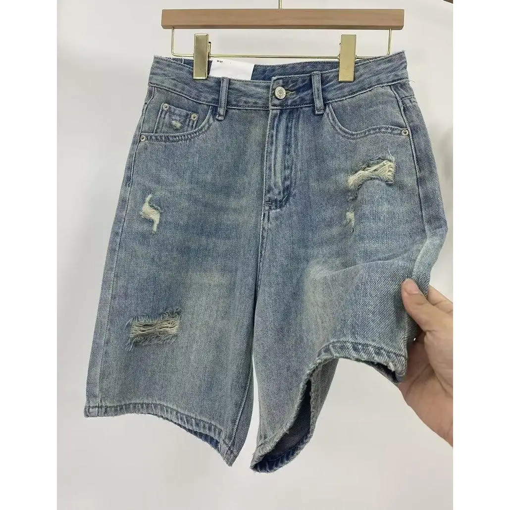 

Trendy Ripped Denim orts Women's Summer New Loose Slim Straight Wide Leg Pants Hot orts High Waist Hollow out Casual Cott...