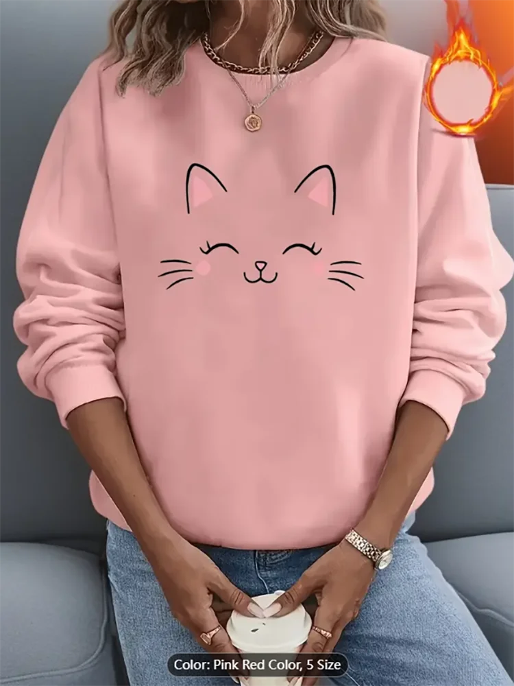

Женский розово-красный свитшот с милым котом и графическим принтом на флисовой подкладке, повседневный пуловер большого размера, топ для любителей кошек, чистый хлопок