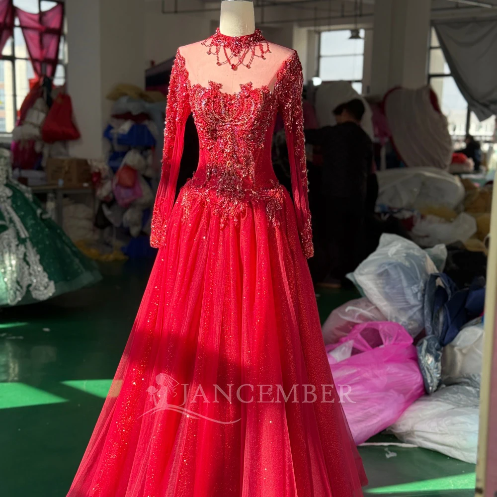 

Custom Luxurious Sexy Big Skirt Wedding Dress With O-Neck Long Sleeved Organza A-line Customized Sequins Bead Vestidos De Novia