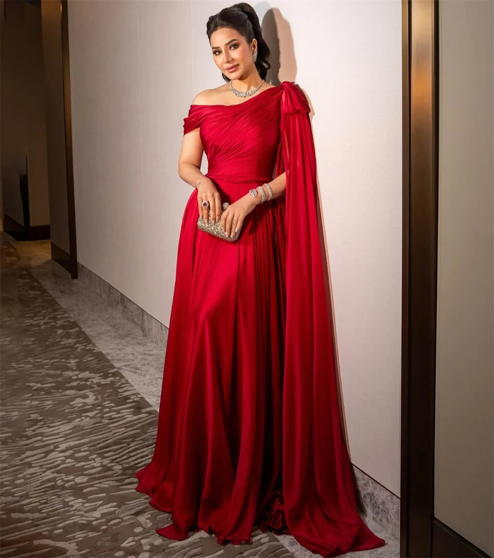 

Customized Simple Satin Evening Dress Temperament Off the Shoulder Prom Dress High Quality Sweep Train Bespoke Occasion Gowns