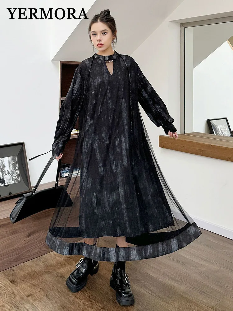 

YERMORA Women Black Fake Two Pieces Spliced Mesh Casual Dress O-neck Long Sleeve Loose Fashion Tide Spring Summer 2025 New A322