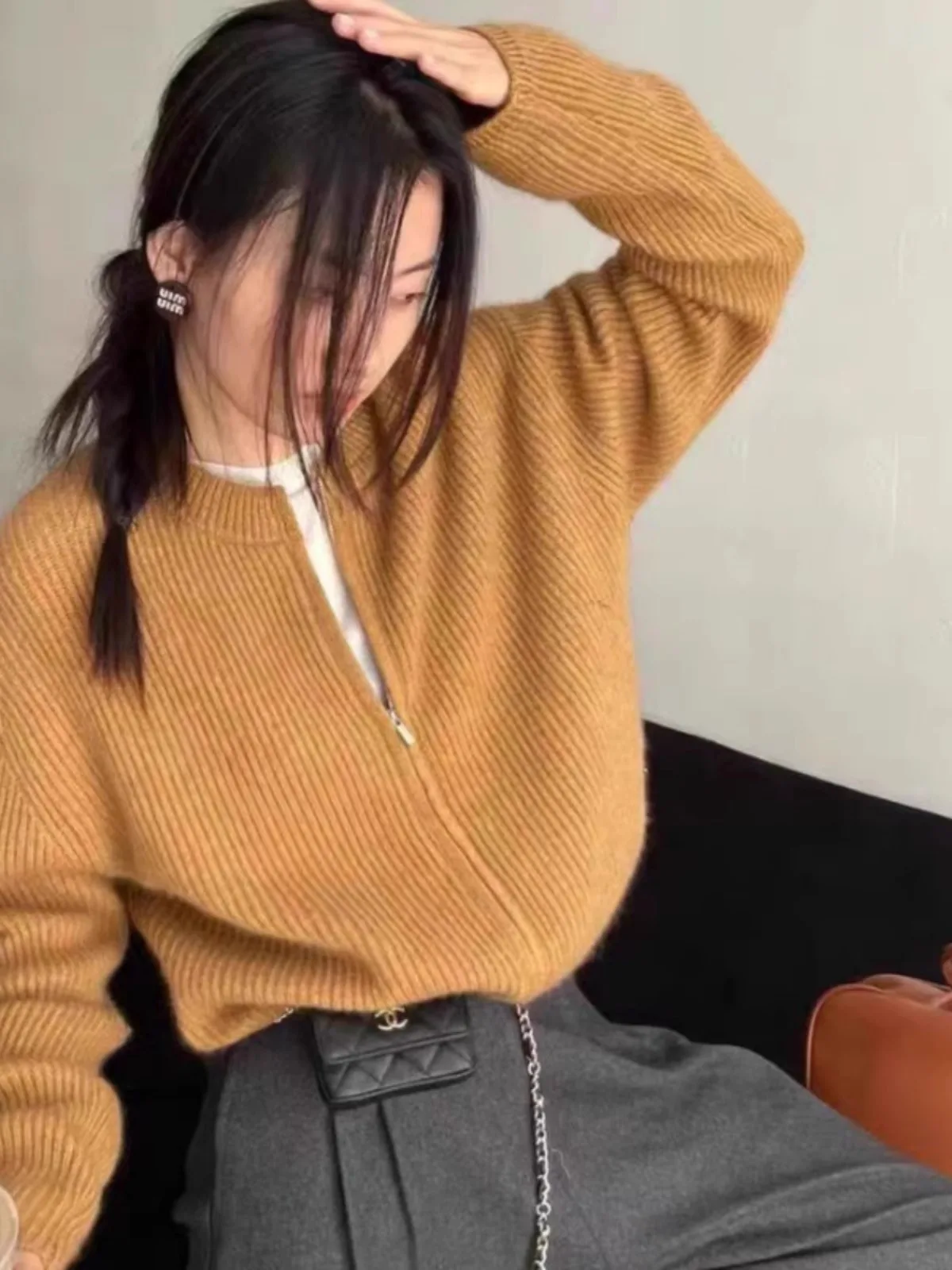 Fashion double zipper short pure cashmere knit cardigan women\'s crewneck small sweater loose wool coat