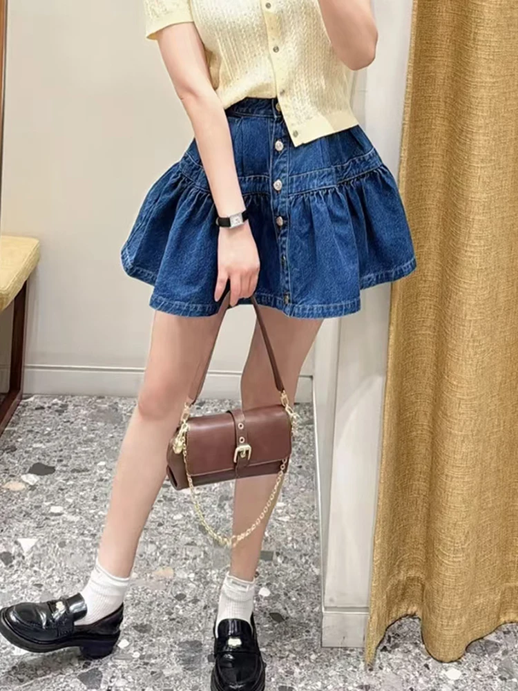 Spring 2026 High Waist Short Blue Folded A-Line Denim Skirt Women's Half-length Skirts Fashionable Single Button Design