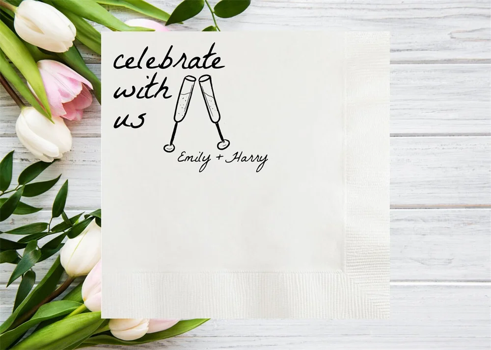 50PCS Celebrate with Us Champagne Glasses Personalized Wedding Napkins, Custom Hand Drawn Cocktail Napkins, Engagement Party, Re