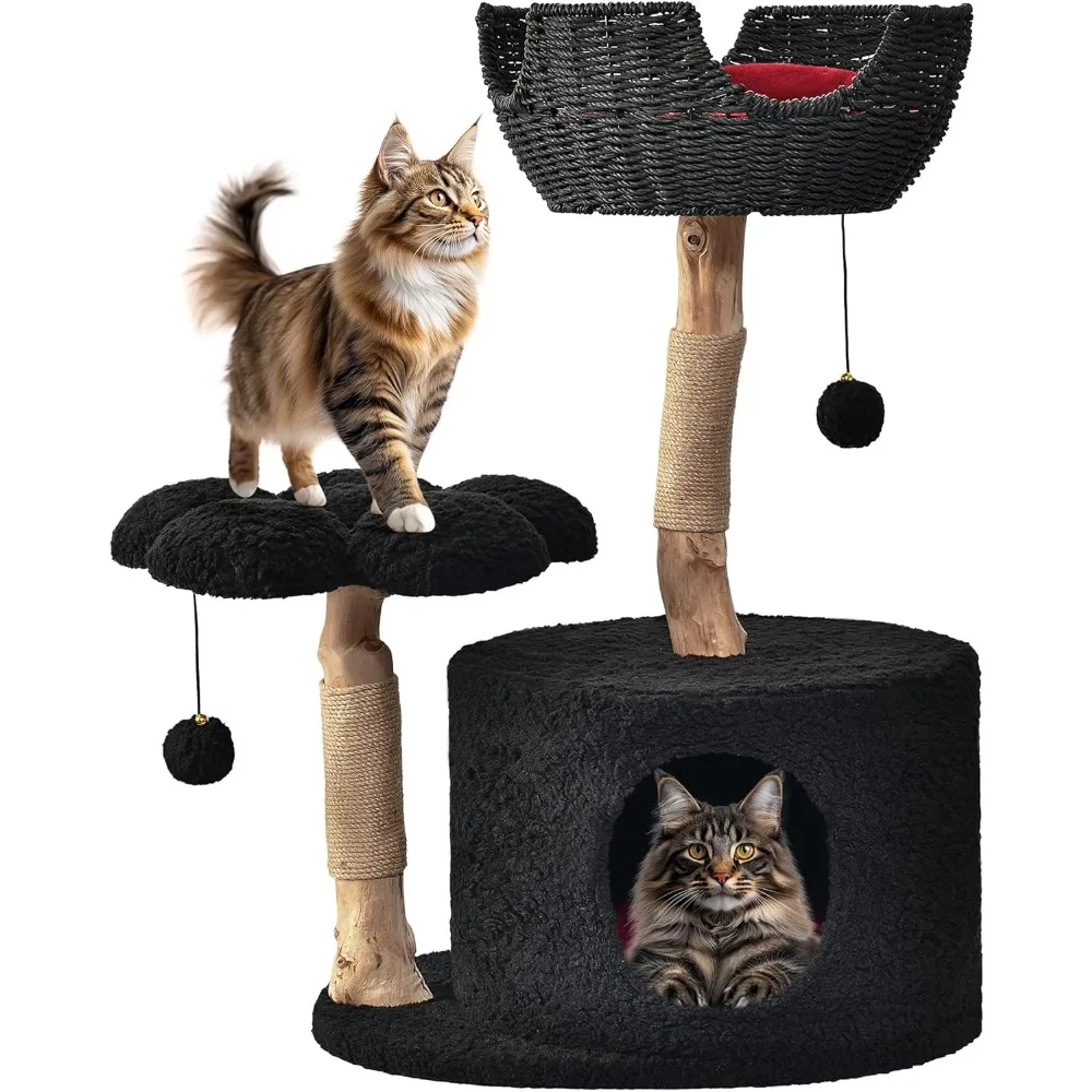 

Modern Cat Tree for Indoor Cats,Aesthetic Wood Cat Tower with Scratching Posts,Hand-Woven Basket and Flower Platform & Cat Condo