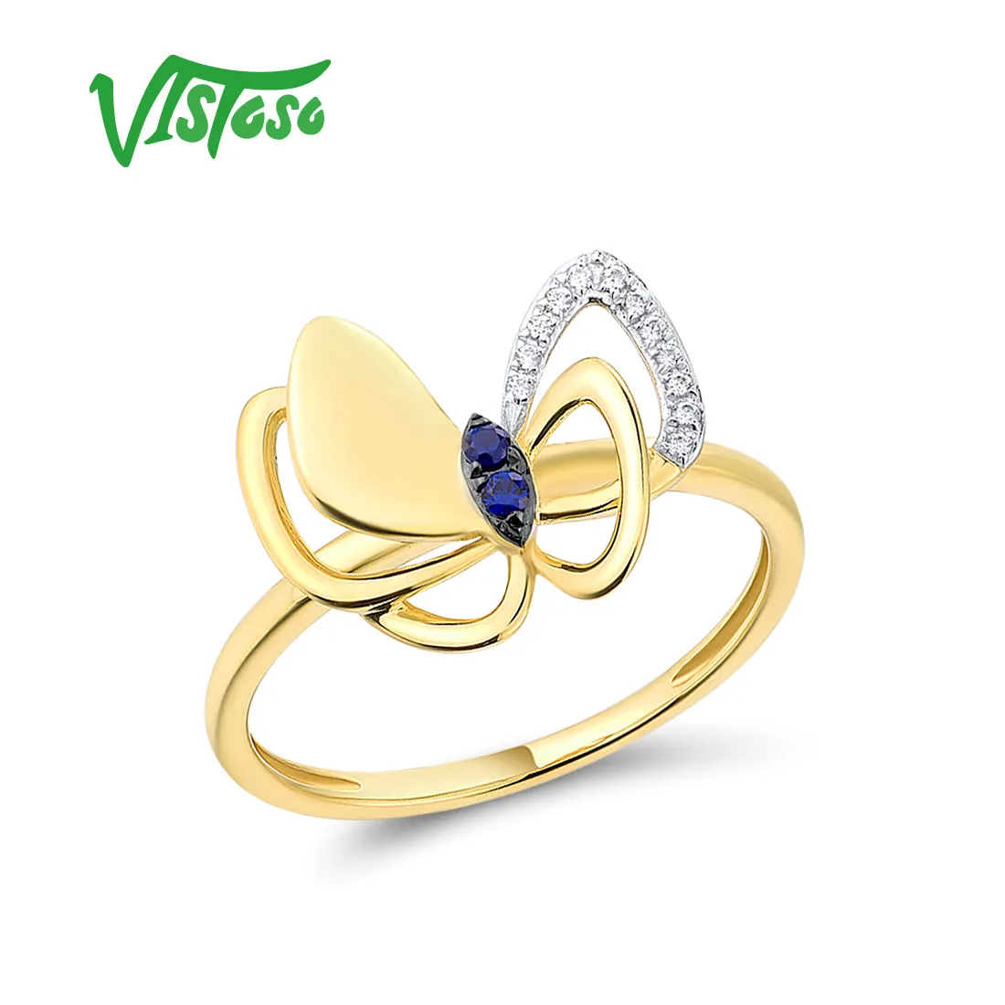 VISTOSO Real 100% 14K 585 Yellow Gold Rings For Women Marquise Blue Sapphire Diamond Butterfly Anniversary Wedding Fine Jewelry