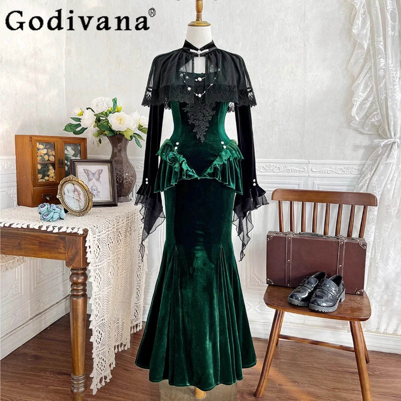 

Lolita Mermaid Skirt Outfits Women Original Daily High End Strap Top and Skirt Set Female Japanese Style Green Skirt Suits
