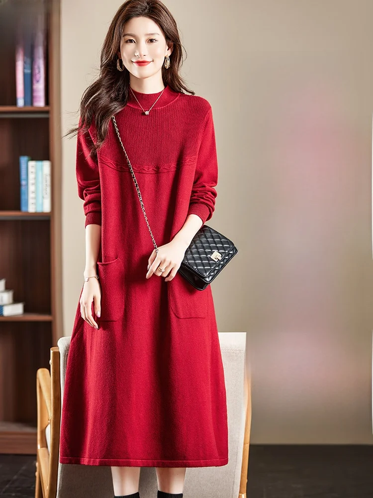 

Ele трикотажное шерстяное платье средней длины для мамы, осень-зима, новый Sle, высококачественный модный свитер базового слоя Dr, большой размер