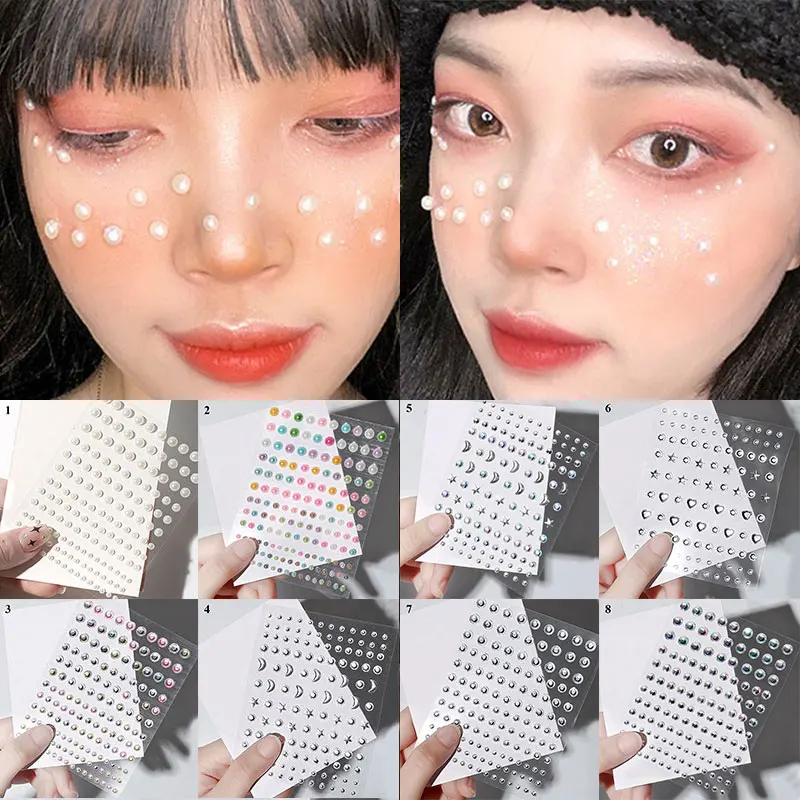 3D Diamond Nail Stickers Eyeshadow Tattoo Stickers Face Jewels Pearl Face Tattoo DIY Body Makeup Self Adhesive Temporary Tattoos