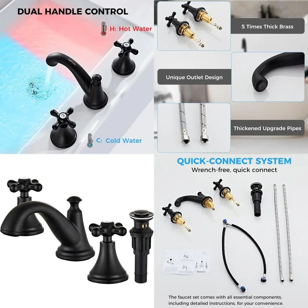 

Matte Black Vintage-Style Widespread Faucet with 3-Hole Sink and Drain, Solid Brass, Drip-Free Ceramic, 8-16 Adjustable