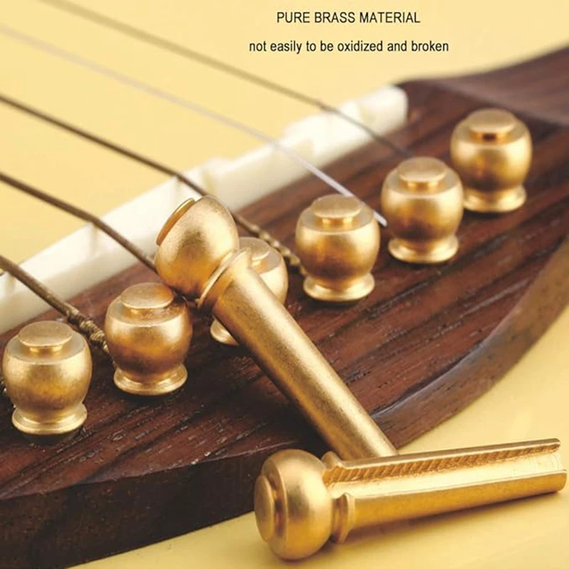 Guitar Bridge Pins 6Pcs, Brass Endpin Pegs Fixed Cone, With Bridge Pin Puller Remover & 5 Guitar Picks Durable