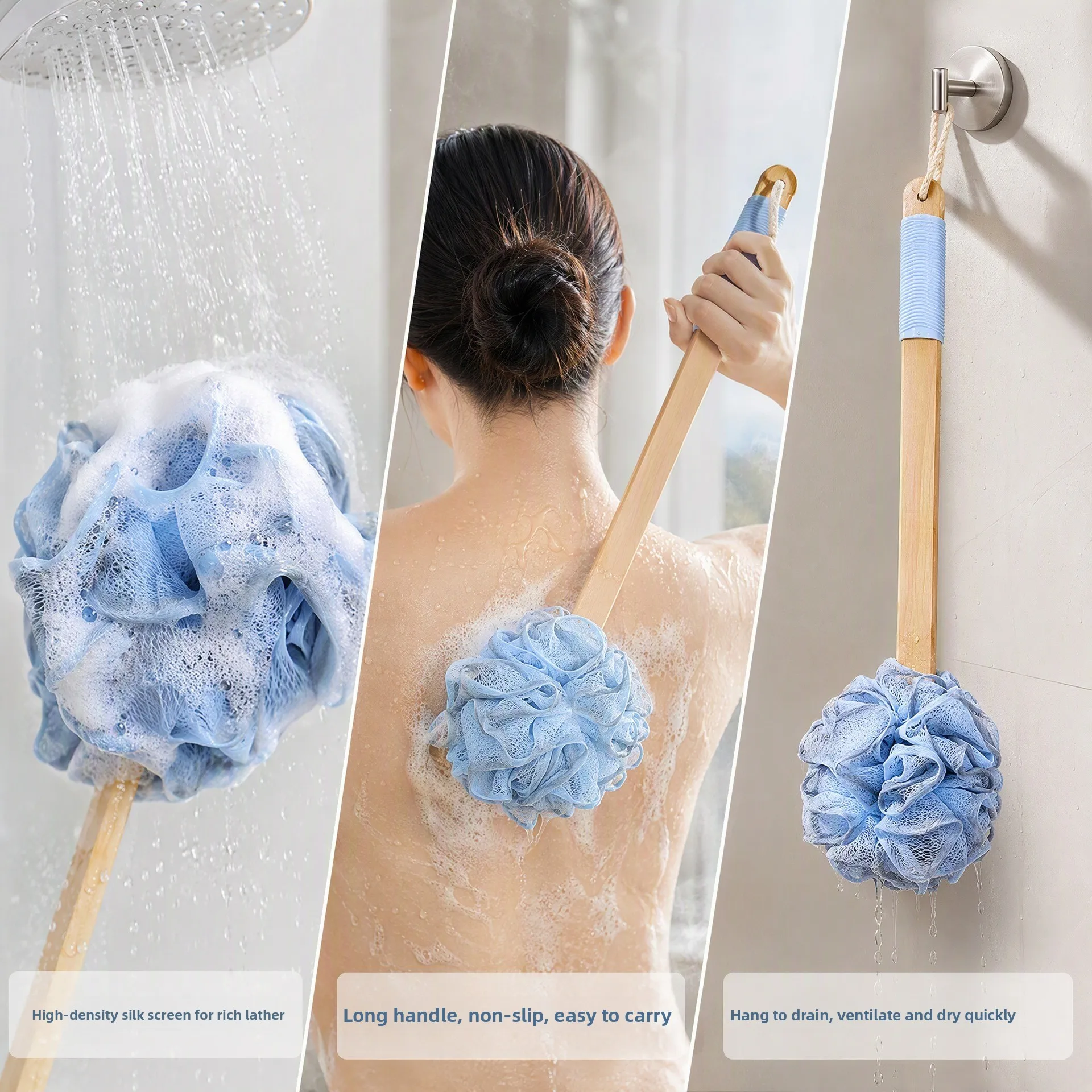 Wooden Handle Bath Brush Long Handle Non Slip Shower Scrubber Back Scrubber Loofah for Body Cleaning Tool