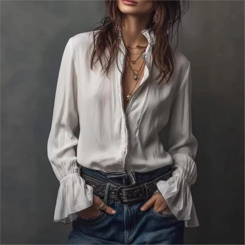 

Новая блузка с v-образным вырезом и расклешенными манжетами, весенняя свободная посадка, модная рубашка на молнии, топы с длинными рукавами в стиле ретро в стиле бохо